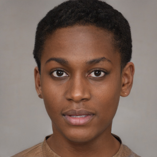 Neutral black young-adult female with short  black hair and brown eyes