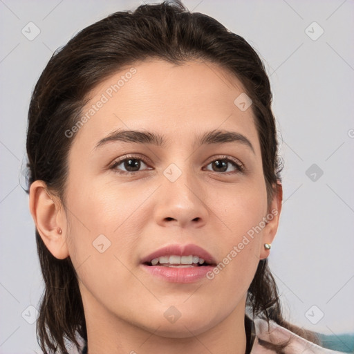 Joyful white young-adult female with medium  brown hair and brown eyes