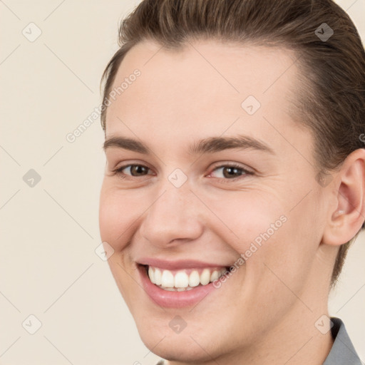 Joyful white young-adult female with short  brown hair and brown eyes