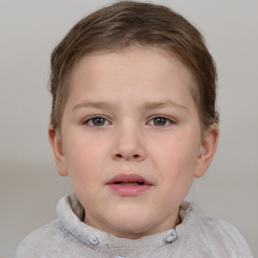 Neutral white child female with short  brown hair and grey eyes