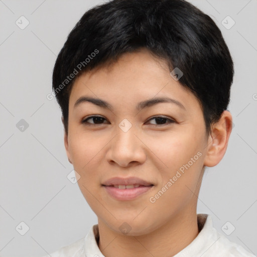 Joyful asian young-adult female with short  brown hair and brown eyes