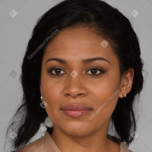 Joyful black young-adult female with medium  brown hair and brown eyes