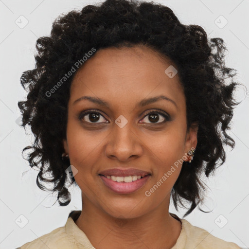 Joyful black young-adult female with medium  brown hair and brown eyes