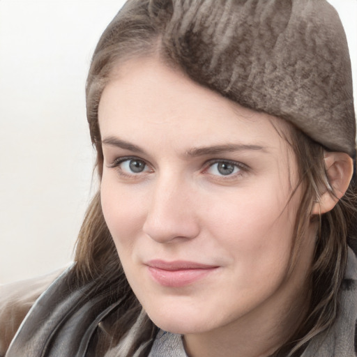 Neutral white young-adult female with medium  brown hair and grey eyes