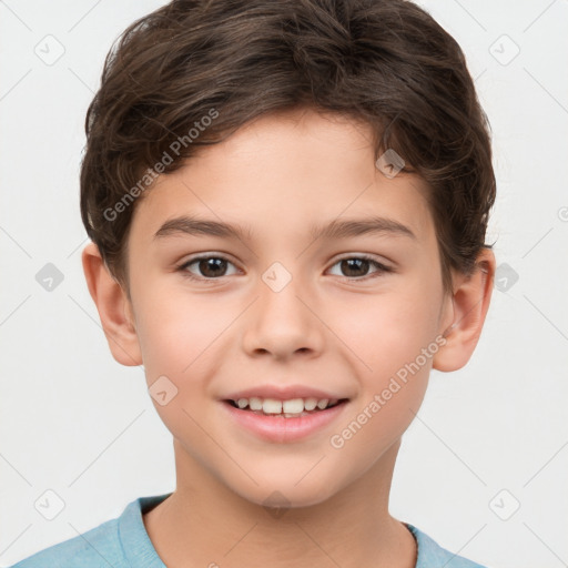 Joyful white child female with short  brown hair and brown eyes