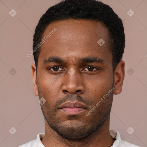 Neutral black young-adult male with short  black hair and brown eyes