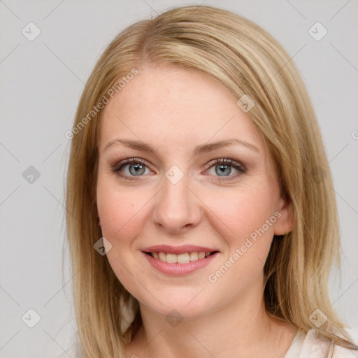 Joyful white young-adult female with medium  brown hair and blue eyes