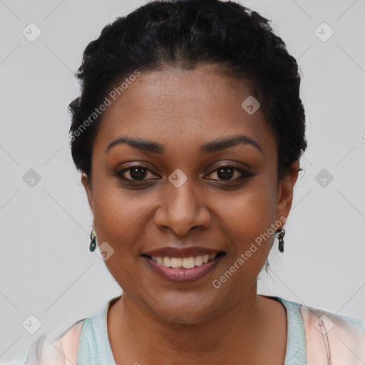 Joyful latino young-adult female with short  black hair and brown eyes