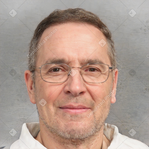 Joyful white middle-aged male with short  brown hair and brown eyes