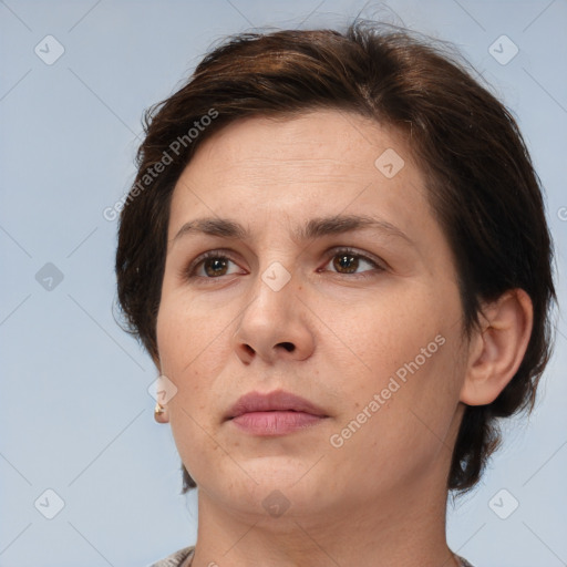 Neutral white young-adult female with medium  brown hair and brown eyes