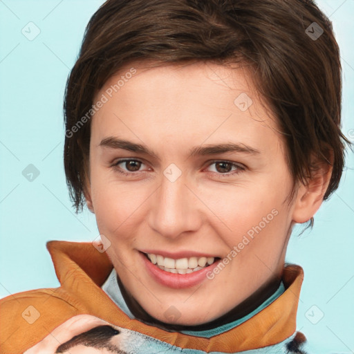 Joyful white young-adult female with short  brown hair and brown eyes