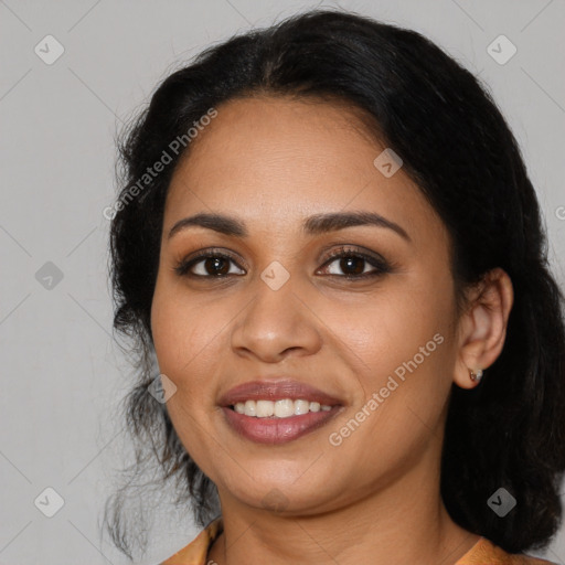 Joyful latino young-adult female with medium  black hair and brown eyes