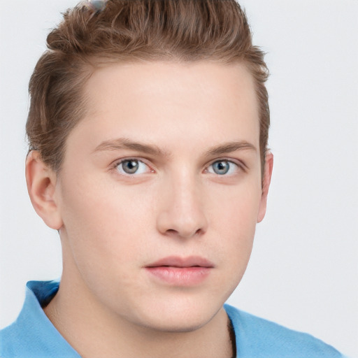 Neutral white young-adult male with short  brown hair and blue eyes