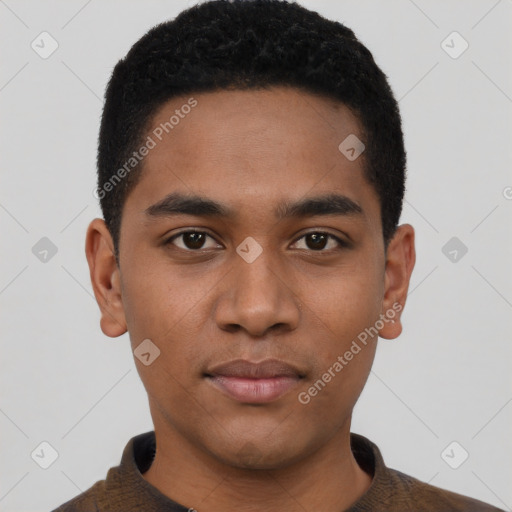 Neutral latino young-adult male with short  black hair and brown eyes