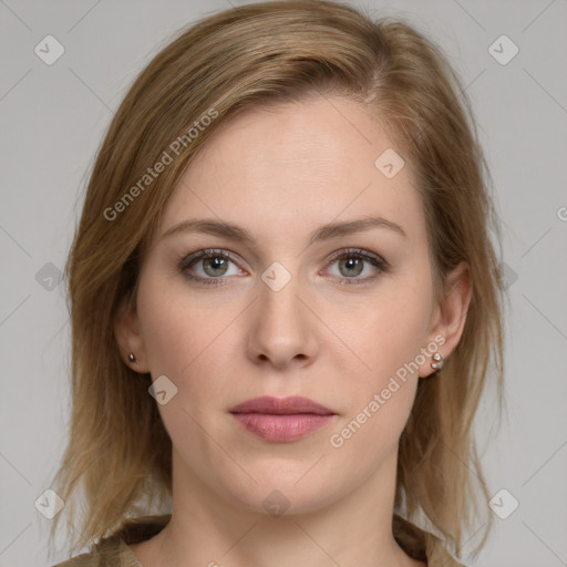 Neutral white young-adult female with medium  brown hair and brown eyes