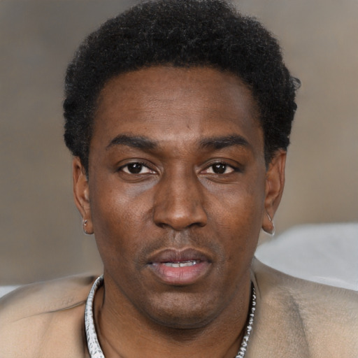 Neutral black young-adult male with short  black hair and brown eyes