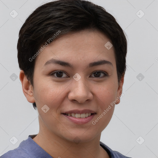 Joyful asian young-adult female with short  brown hair and brown eyes