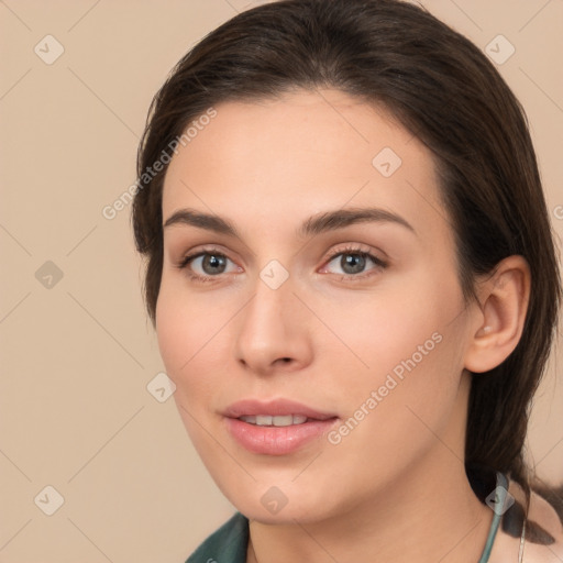 Neutral white young-adult female with medium  brown hair and brown eyes