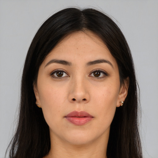 Neutral asian young-adult female with long  brown hair and brown eyes