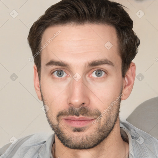 Neutral white young-adult male with short  brown hair and grey eyes