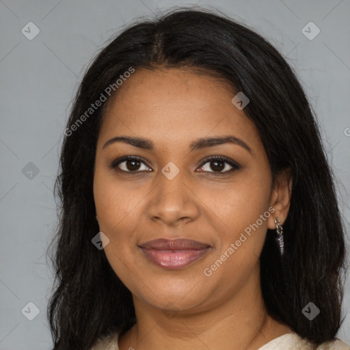 Joyful black young-adult female with long  brown hair and brown eyes