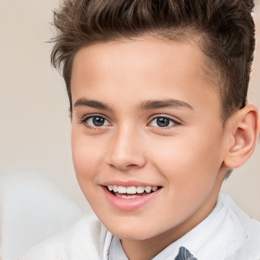 Joyful white child female with short  brown hair and brown eyes