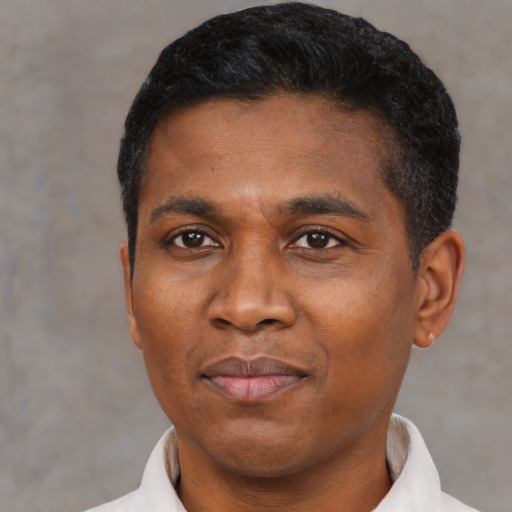 Joyful black young-adult male with short  black hair and brown eyes