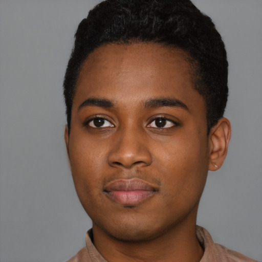 Neutral black young-adult male with short  black hair and brown eyes