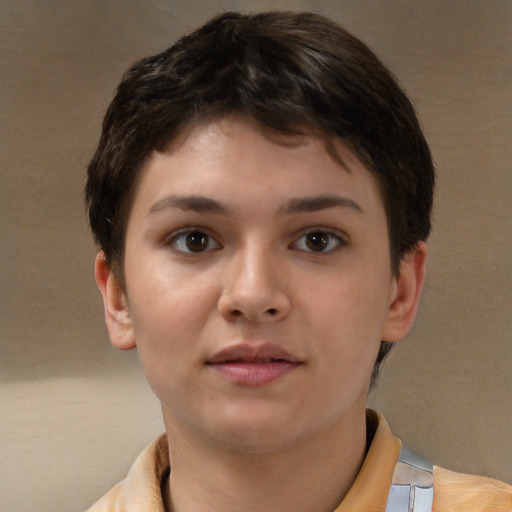 Neutral white young-adult female with short  brown hair and brown eyes