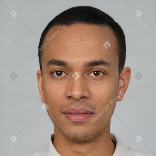 Neutral latino young-adult male with short  black hair and brown eyes