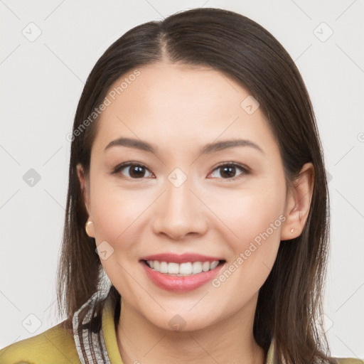 Joyful white young-adult female with long  brown hair and brown eyes