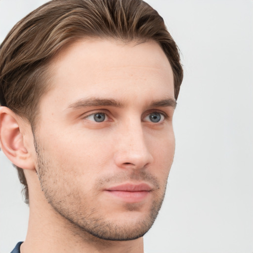 Neutral white young-adult male with short  brown hair and grey eyes