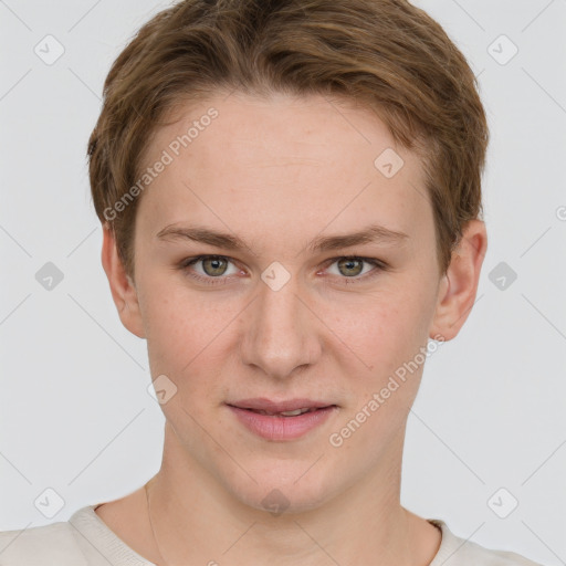 Joyful white young-adult female with short  brown hair and grey eyes