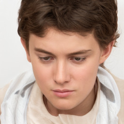 Neutral white young-adult female with short  brown hair and brown eyes