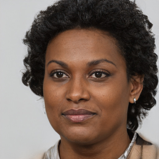 Joyful black young-adult female with long  black hair and brown eyes