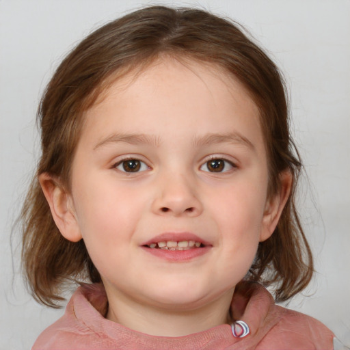 Joyful white child female with medium  brown hair and blue eyes