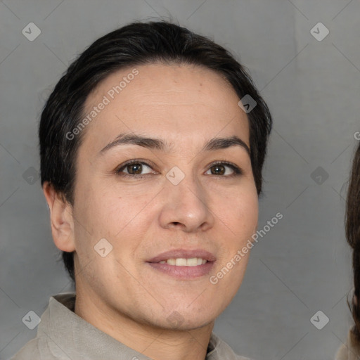 Joyful white adult female with short  brown hair and brown eyes