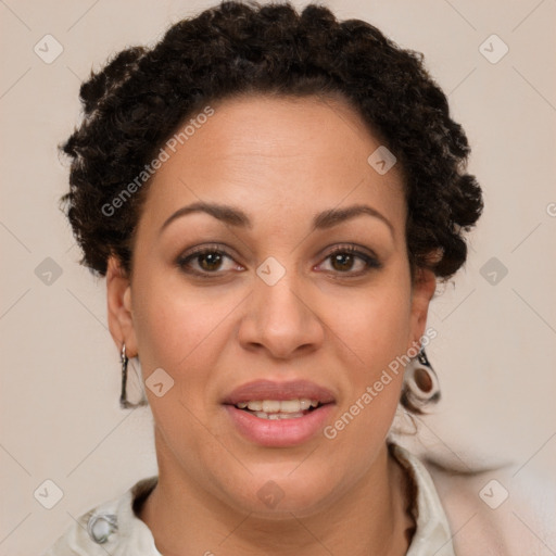 Joyful white adult female with short  brown hair and brown eyes