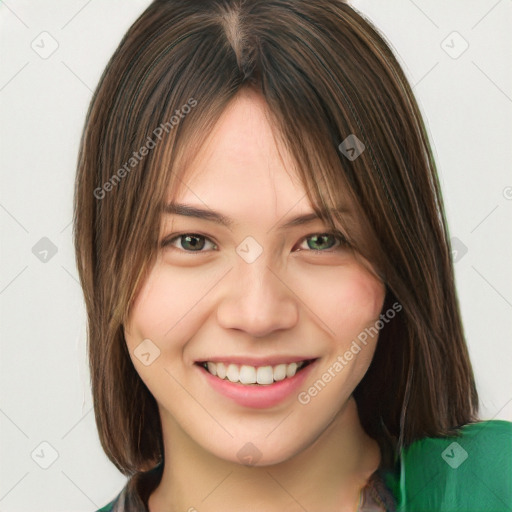 Joyful white young-adult female with long  brown hair and blue eyes