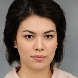 Neutral asian young-adult female with medium  brown hair and brown eyes