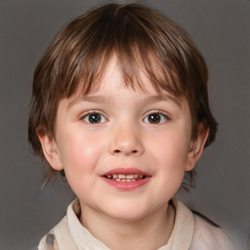 Joyful white child female with medium  brown hair and blue eyes