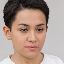 Neutral white young-adult female with short  brown hair and brown eyes