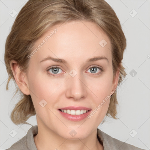 Joyful white young-adult female with medium  brown hair and blue eyes