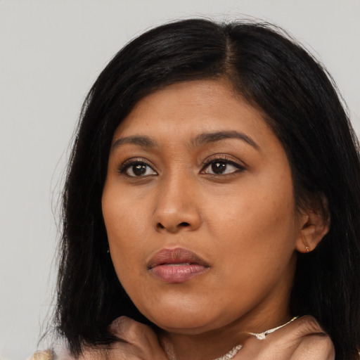Neutral asian young-adult female with long  black hair and brown eyes