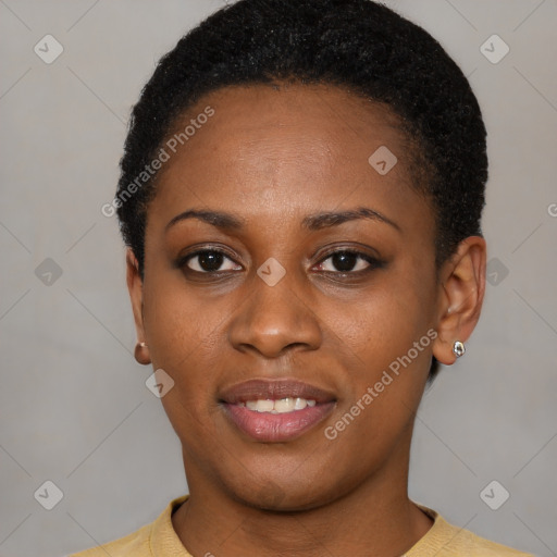 Joyful latino young-adult female with short  black hair and brown eyes