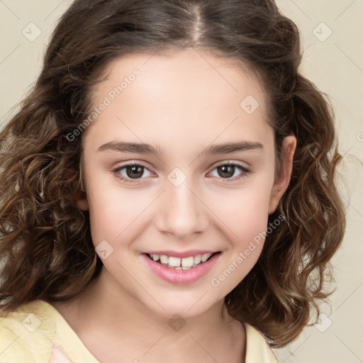 Joyful white child female with medium  brown hair and brown eyes