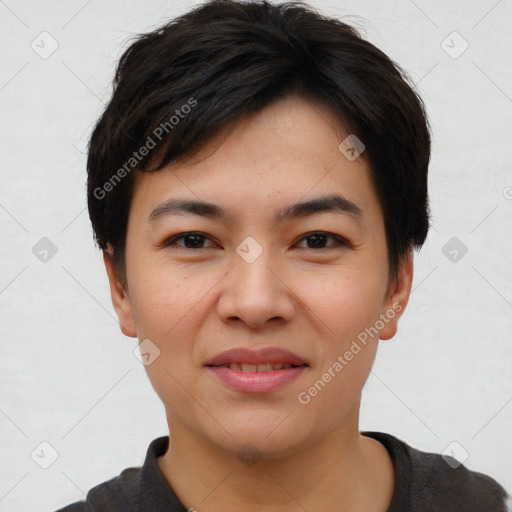 Joyful asian young-adult female with short  brown hair and brown eyes