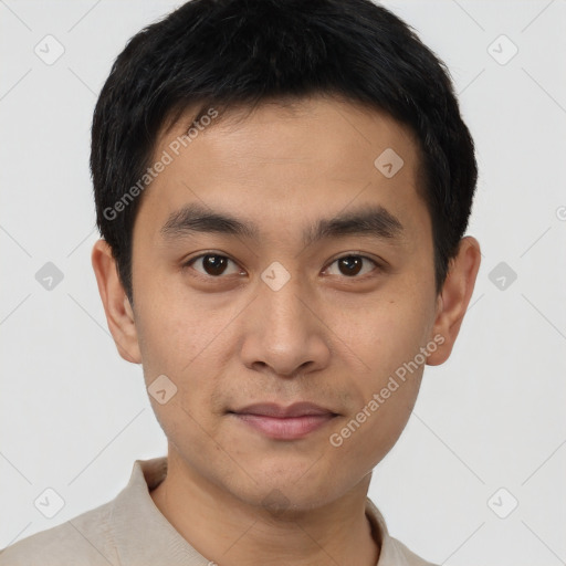 Neutral asian young-adult male with short  black hair and brown eyes