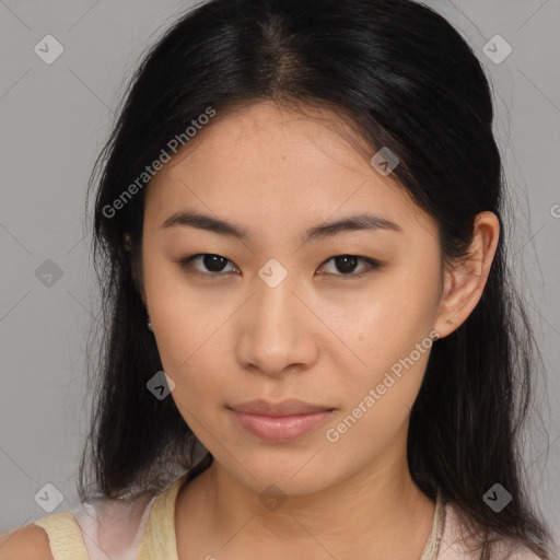 Neutral asian young-adult female with medium  brown hair and brown eyes