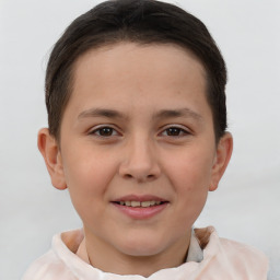 Joyful white child female with short  brown hair and brown eyes